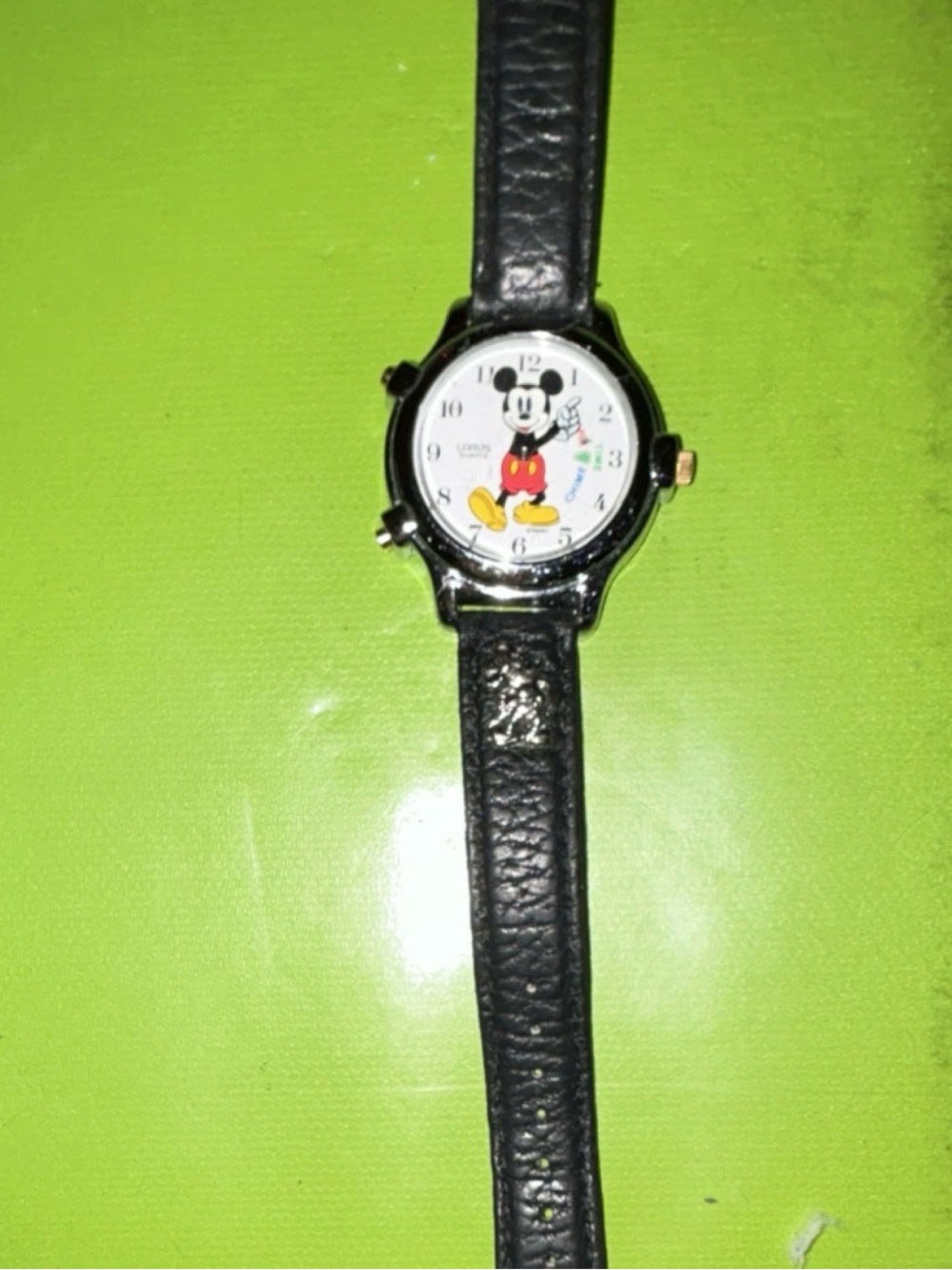 Disney Mickey Mouse Black Leather Strap Watch with Red and Yellow Accents